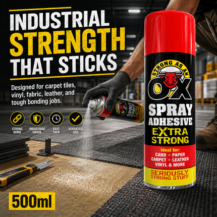 Adhesive Spray Heavy Duty Strong As An Ox for Carpet Tile Fabric Glue 500ml