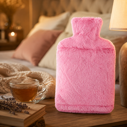 2L Hot Water Bottle with Soft Faux Fur Cover Leakproof Winter Warmer – Pink