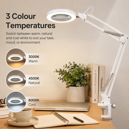 3X Magnifying Desk Lamp LED Light Dimmable 3 Light Colour Step Dimming Swing Arm
