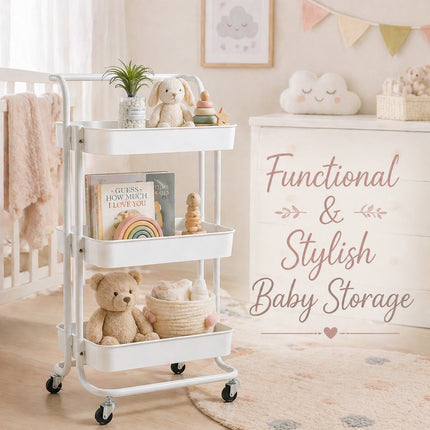 3-Tier White Metal Rolling Cart