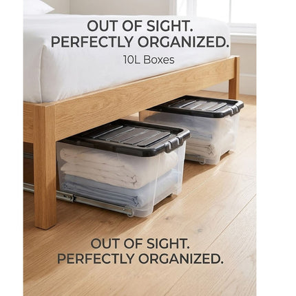 4x Curve Storage Boxes With Lid 10L Clear Plastic Home Office Underbed Organizer