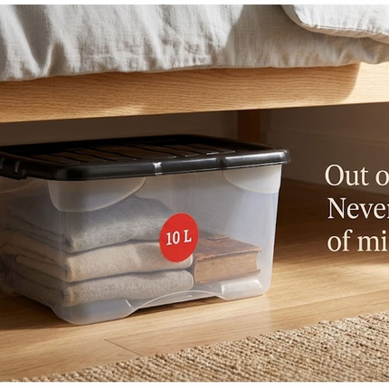 4x Curve Storage Boxes With Lid 10L Clear Plastic Home Office Underbed Organizer