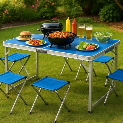 Portable Folding Camping Table & 4 Stools Set Adjustable Aluminium Outdoor BBQ