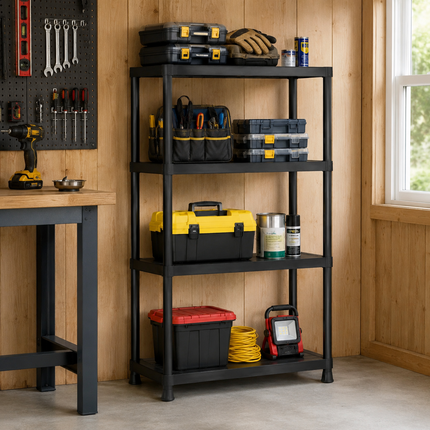 Storage Shelving 4 Tier Black Plastic Rack Pack 2 Home Garage