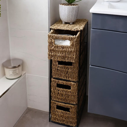 4 Drawer Slim Bathroom Storage Unit Natural Cabinet with Boxes & Shelves