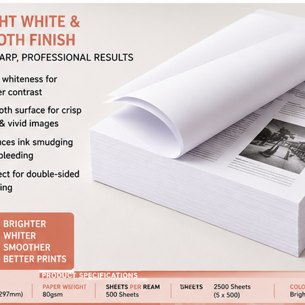 A4 Printer Paper White 80gsm 5-Ream 2500 Sheets Multipurpose Inkjet Laser Copier