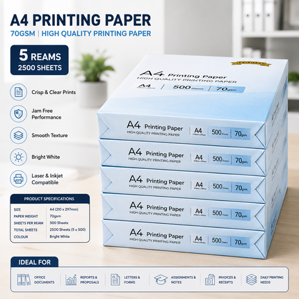 A4 Printer Paper White 70gsm 5-Ream 2500 Sheets Multipurpose Inkjet Laser Copier