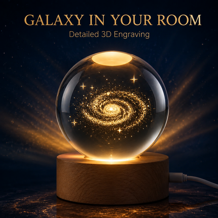 3D Engraved Galaxy Crystal Ball Night Light 6cm USB Wooden Base Warm White + RGB