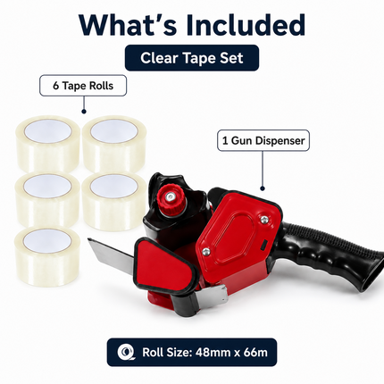 Tape Gun Dispenser with 6 Brown or Clear Packing Tape Rolls 48mm x 66m