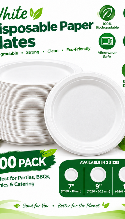 Disposable Paper Plates White Biodegradable Sugarcane Plates Party BBQ Picnic