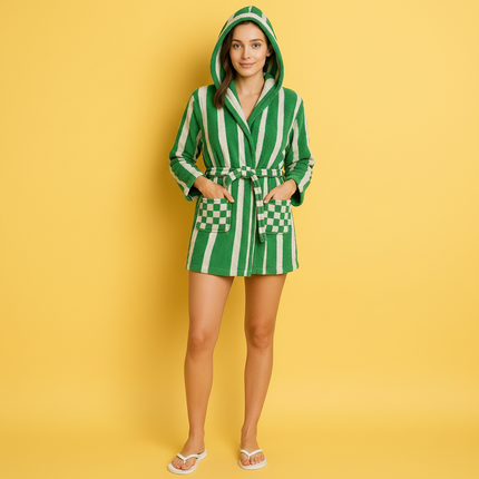 X-Large Green & White Unisex Cotton Terry Bathrobe Gown Soft Spa Robe Men Women