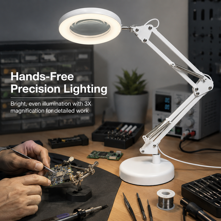 3X Magnifying Glass LED Desk Lamp Stepless Dimmable 3 Colour Swing Arm