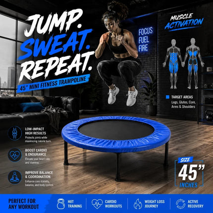 Mini Fitness Trampoline Blue Cardio Workout Exercise Portable Rebounder 45 Inch