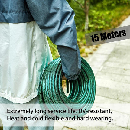 15m Reinforced Garden Hose Pipe with Spray Nozzle & Fittings Watering Tube