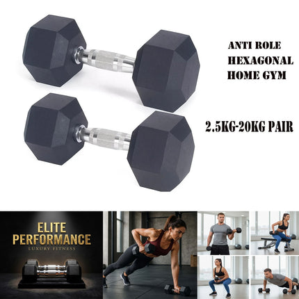 Hex Dumbbells Set 2.5kg-20kg Pair Rubber Encased Hexagonal Weight Lifting Gym