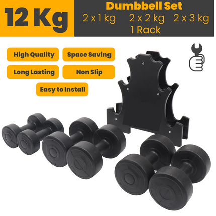 12kg Dumbbell Set with Rack (1-3kg Pairs)