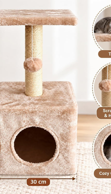 Cat Tree Scratching Post 65cm Condo Hanging Ball Kitten Activity Centre Beige