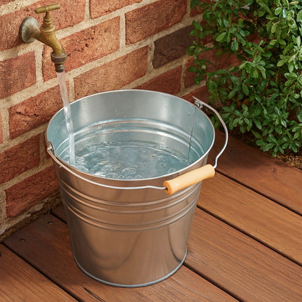 TRADITIONAL GALVANISED STRONG STEEL METAL BUCKET WITH WOODEN HANDLE 9L To 18L