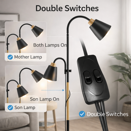 Floor Lamp Black Dual Heads E27 Reading Home Modern Rotating Adjustable Light