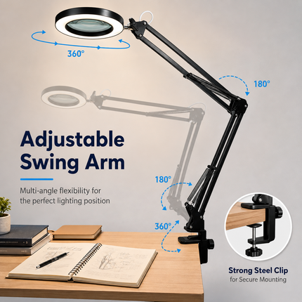 3X Magnifying Desk Lamp LED Light Dimmable 3 Light Colour Step Dimming Swing Arm