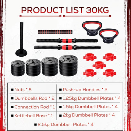 Adjustable Dumbbell Barbell Kettlebell 30KG Weight Set Home Gym Fitness 6 in 1