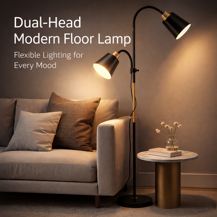 Floor Lamp with Dual Heads E27 Reading Light Modern Rotating Adjustable for Home