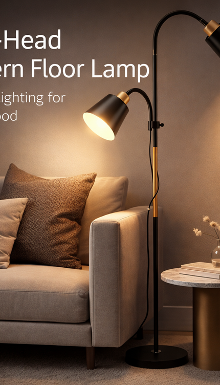 Floor Lamp with Dual Heads E27 Reading Light Modern Rotating Adjustable for Home