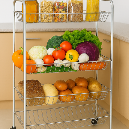 3/4 Tier Fruit Vegetable Trolley Basket Rack Kitchen Storage Cart with Wheels