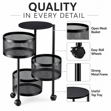 Storage Rack 4 Tier Rotating Kitchen Bathroom Vegetable Trolley Cart Shelf