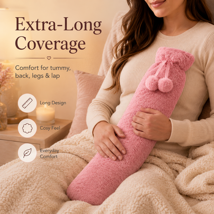 Extra Long 2.2L Hot Water Bottle Soft Fleece Cover Neck Back Pain Relief - Pink