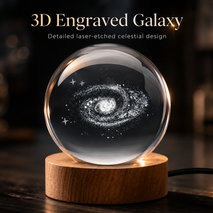 Galaxy Crystal Ball Night Light 8cm 3D Engraved - Wooden Base Warm White + RGB
