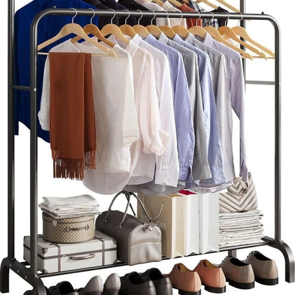 Double Clothes Rail Heavy Duty Garment Rack with Shoe Storage Display Stand
