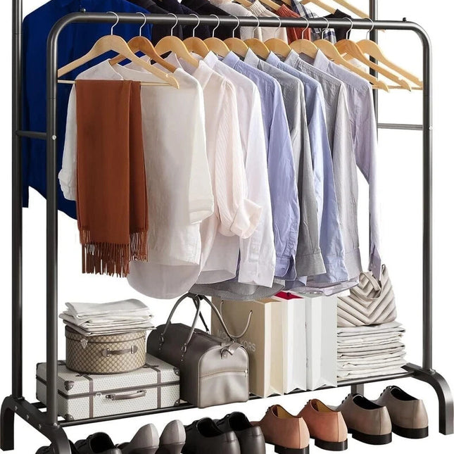 Double Clothes Rail Heavy Duty Garment Rack with Shoe Storage Display Stand