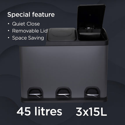 45L Kitchen & Office Pedal Bin Triple Compartment Stainles Steel Recycling 3x15L