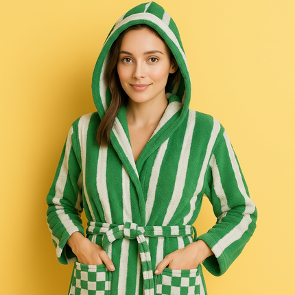 Small Green White Unisex Cotton Terry Bathrobe Gown Soft Spa Robe Men Women