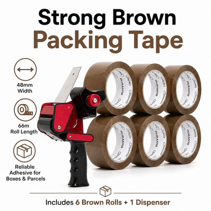 Tape Gun Dispenser with 6 Brown or Clear Packing Tape Rolls 48mm x 66m