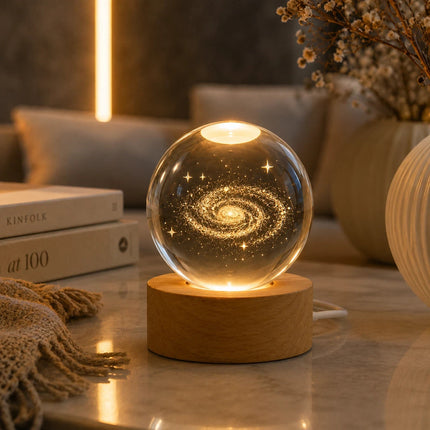 3D Engraved Galaxy Crystal Ball Night Light 6cm USB Wooden Base Warm White + RGB