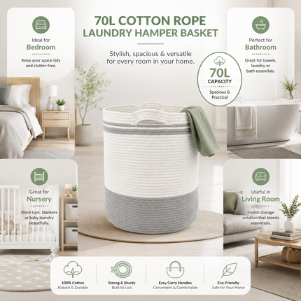 Laundry Hamper Basket 70L Cotton Rope Washing Storage Organizer for Clothes