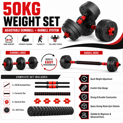 Adjustable Dumbbell Barbell Workout  50KG Weights Set  6-in-1 Home Gym