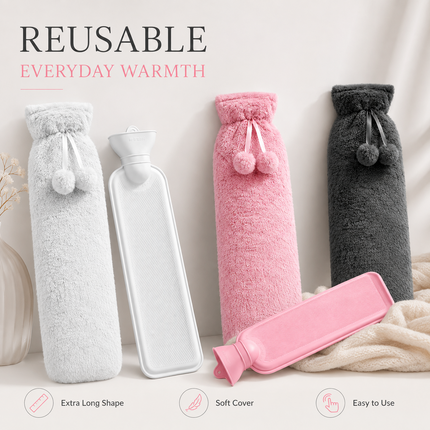 Extra Long 2.2L Hot Water Bottle with Soft Fleece Cover Neck Back Pain Relief