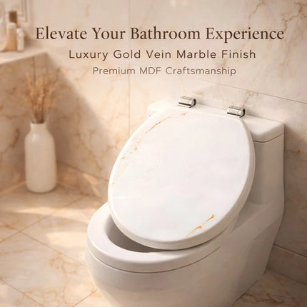 Universal Toilet Seat Gold Vein Marble Design Easy Fit WC Seat With Fitting 18"