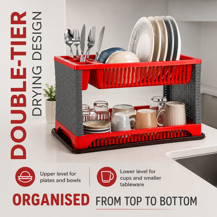 Dish Drainer Rack With Drip Tray 2 Tier Sink Drying Plate Bowl Cutlery Holder