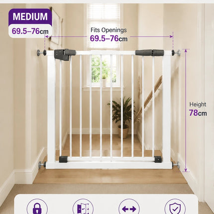 Baby Stair Gate | Pressure Fit Auto-Close Child & Pet Safety Gate – White