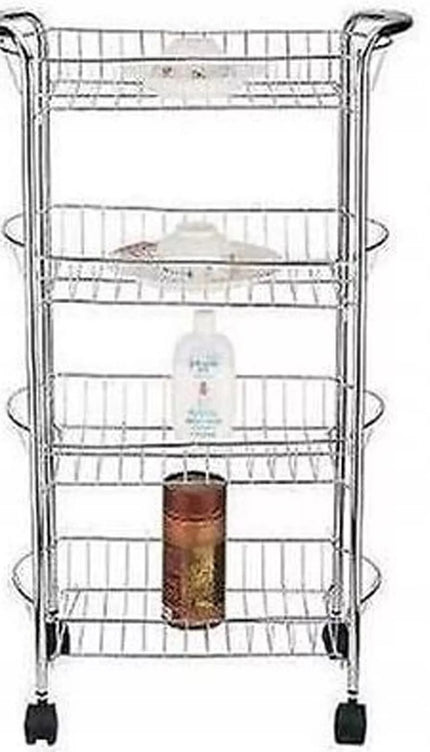 4 Tier  Vegetable & Fruit Trolley Basket Chrome Kitchen Storage Rack With Wheels