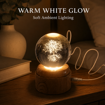 Tree of Life Crystal Ball 6cm LED Night Light Rotating Base USB Warm White + RGB