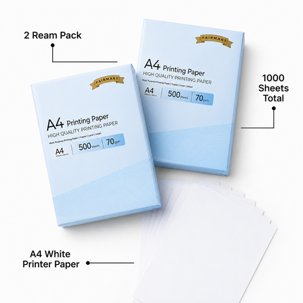 A4 Printer Paper 70gsm 1000 Sheets White 2 Ream Multipurpose Inkjet Laser Copier