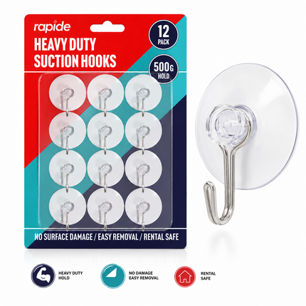 Suction Wall Hooks 12-Pack Clear Heavy Duty Holders