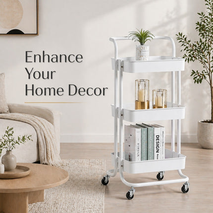 3-Tier White Metal Rolling Cart