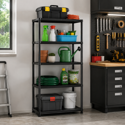 4-Tier Black Plastic Storage Shelf Rack - Home Garage Use