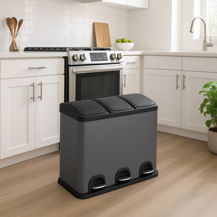 45L Kitchen & Office Pedal Bin Triple Compartment Stainles Steel Recycling 3x15L